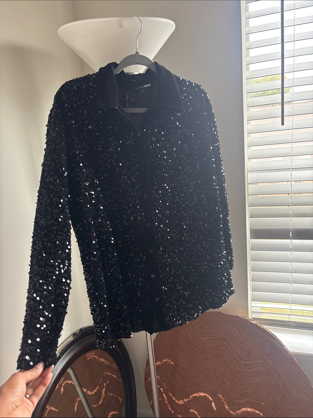Fashion Nova Black Sequin Button-Down Shirt